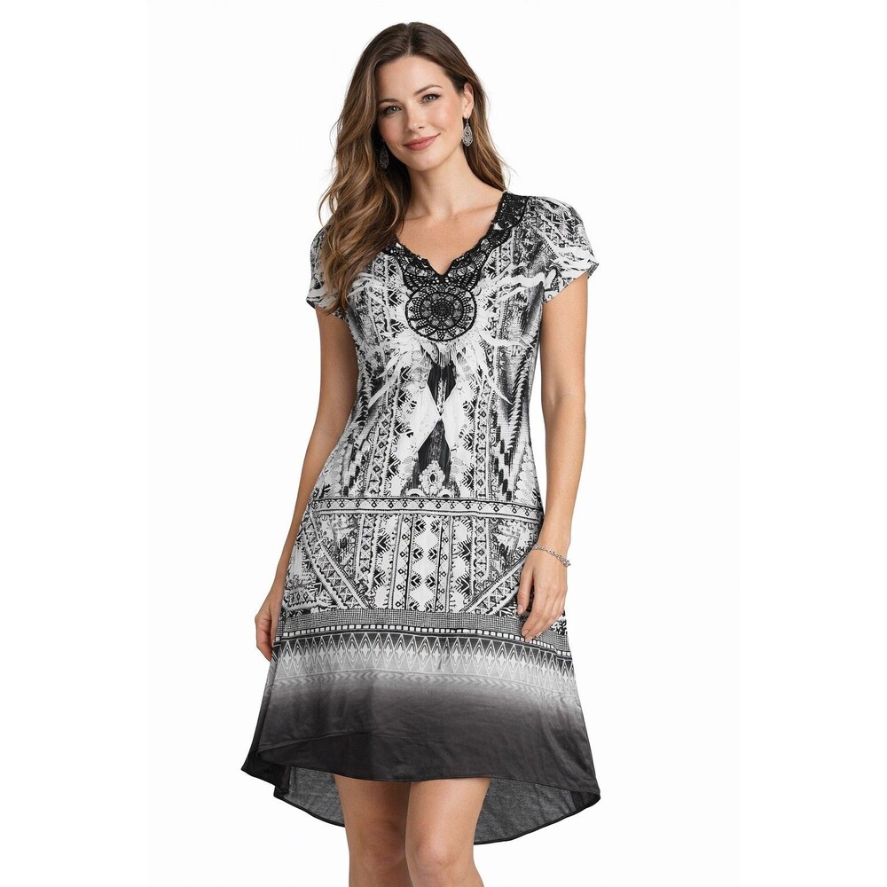 World Unity Women's Dress Black  Geometric Shift Size XL V-Neck Short Sleeve